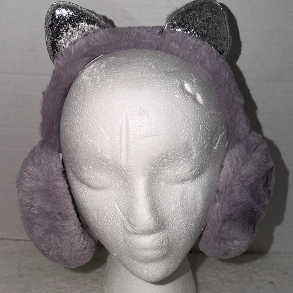 Silver and Purple Cat‎ Ear Earmuffs Girls Winter Warm NWOT